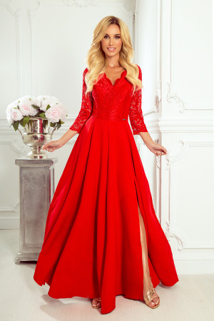 AMBER - Elegantní dlouhé dámské krajkové šaty v červené barvě s výstřihem 309-3