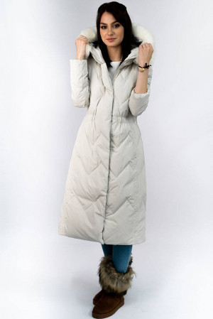 Světle šedý zimní dámský kabát s kapucí a přírodní péřovou výplní (7119) šedá S (36)