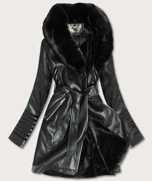 Černý dámský kabát z eko kůže (5542) černá S (36)
