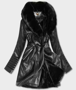 Černý dámský kabát z eko kůže (5542BIG) černá