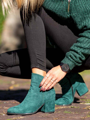 Exkluzívní zelené dámské  kotníčkové boty na širokém podpatku