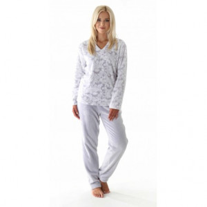 FLORA teplé pyžamo S pohodlné domácí oblečení 9102 šedý tisk na bílé