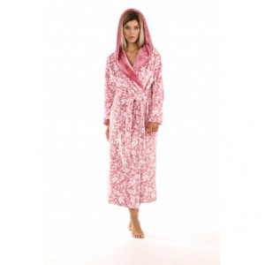 FLORA župan s kapucí S dlouhý župan s kapucí 3303 listy bílá antique pink flannel fleece - polyester