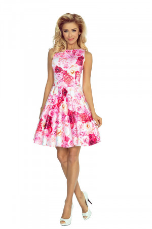 Společenské exkluzivní šaty s kolovou sukní s potiskem květin růžové - Růžová - Numoco růžová s květy