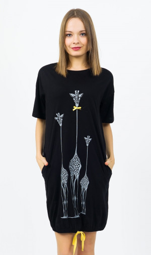 Dámské domácí šaty s krátkým rukávem Žirafy - Vienetta černá vzor M/L