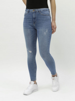 Modré zkrácené skinny džíny s vysokým pasem ONLY Paola
