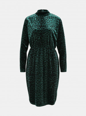 Tmavě zelené sametové šaty s leopardím vzorem VILA Linao
