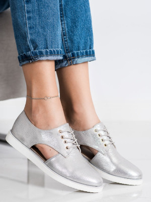 Designové šedo-stříbrné  polobotky dámské bez podpatku