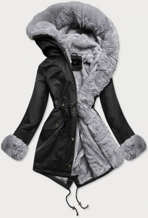 Černo-šedá dámská zimní bunda parka s mechovitým kožíškem (B530-1070) czarny XS (34)