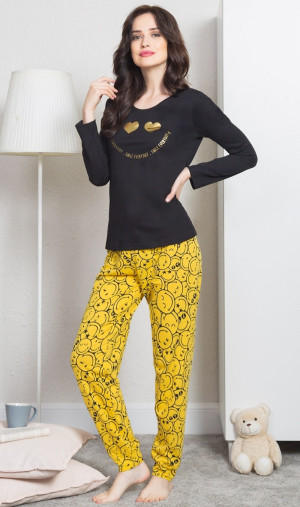Dámské pyžamo dlouhé Úsměv - Vienetta černá a žlutá