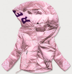 Růžová lesklá prošívaná dámská bunda s kapucí (B9568) Růžová S (36)