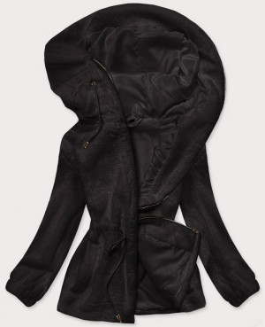 Černá kožešinová dámská bunda s kapucí (BR9596-1) černá XXL (44)