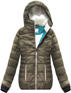 Krátká dámská zimní bunda v khaki barvě s kapucí (391W) khaki XL (42)