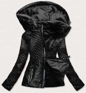 Krátká černá prošívaná dámská bunda s kapucí (B9566) černá XXL (44)