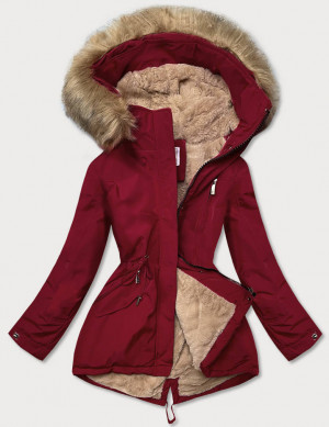 Bordó-béžová dámská zimní bunda s kožešinovou podšívkou (W558BIG) Červená