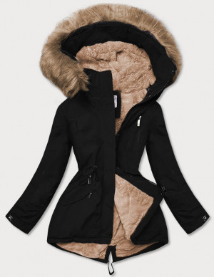 Černo-béžová dámská zimní bunda s kožešinovou podšívkou (W558BIG) Béžová