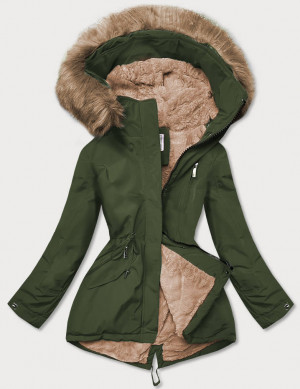 Khaki-béžová dámská zimní bunda s kožešinovou podšívkou (W558BIG) Béžová