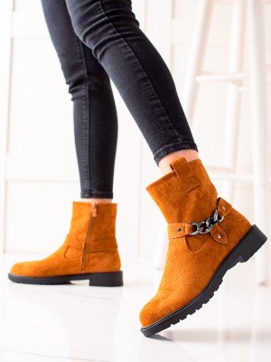 Trendy oranžové dámské  kotníčkové boty na plochém podpatku