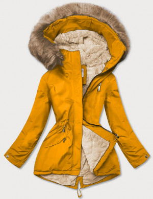 Žluto-béžová dámská zimní bunda s kožešinovou podšívkou (W558) Žlutá S (36)