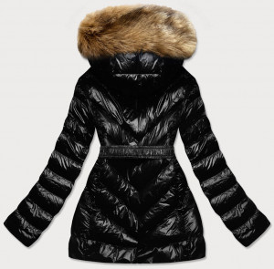 Černo-hnědá lesklá zimní bunda s mechovitým kožíškem (W673) černá S (36)