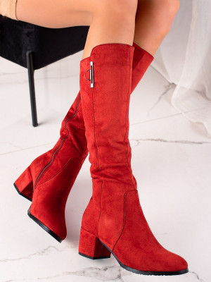 Luxusní dámské  kozačky červené na širokém podpatku