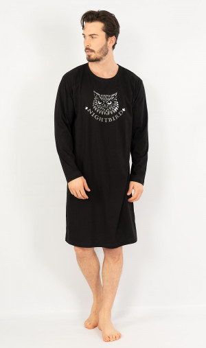 Pánská noční košile s dlouhým rukávem Sova - Gazzaz černá s potiskem