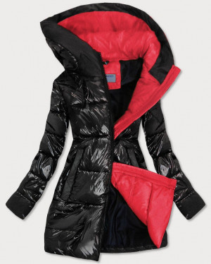 Černo-červená lesklá dámská zimní bunda (R9545) černá XL (42)