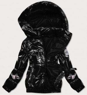 Lesklá černá prošívaná bunda s kapucí (BR9788-1) černá