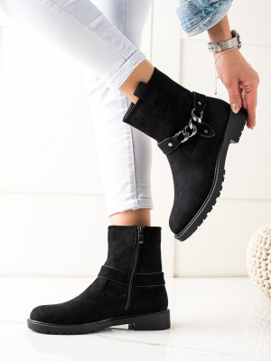 Jedinečné dámské  kotníčkové boty černé na plochém podpatku