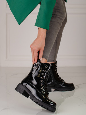 Exkluzívní dámské  kotníčkové boty černé na plochém podpatku
