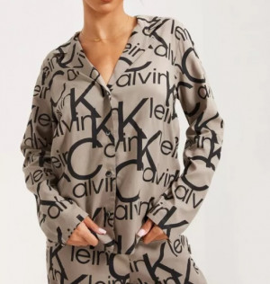 Dámský vrchní díl pyžama QS6848E 5VM béžová/černá - Calvin Klein béžová s černou