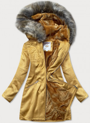 Dámská zimní semišová bunda s kapucí (6516) hořčicová - Libland hořčicová