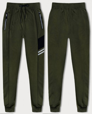 Pánské teplákové kalhoty v khaki barvě s barevnými vsadkami (8K206B-29) khaki