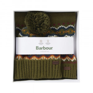 Barbour Fairisle Beanie & Scarf Gift Set — Olive