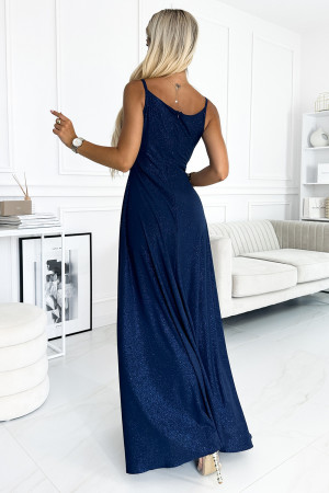 CHIARA - Tmavě modré elegantní dámské maxi šaty na ramínkách s brokátem 299-10