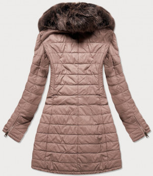 Dámský kabát z eko kůže ve starorůžové barvě s kožešinou (LD5520) růžová S (36)
