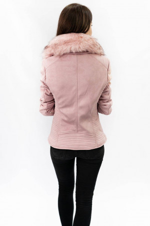 Dámská semišová bunda ramoneska v pudrově růžové barvě s kožešinou (6501) růžová S (36)
