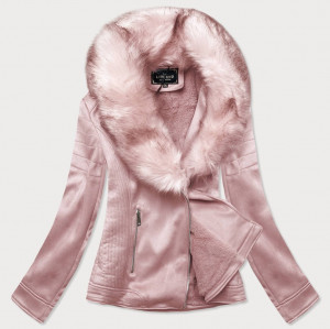 Dámská semišová bunda ramoneska v pudrově růžové barvě s kožešinou (6502BIG) růžová