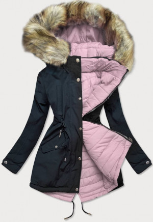 Tmavě modro-růžová oboustranná dámská zimní bunda s kapucí (W211) Růžová S (36)