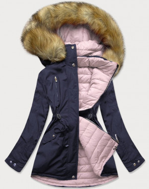 Tmavě modro-růžová oboustranná dámská zimní bunda s kapucí (W213BIG) Růžová XXL (44)