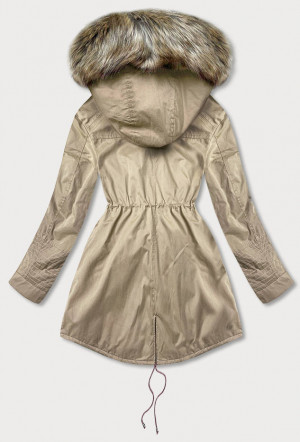 Béžová dámská zimní bunda parka s mechovitým kožíškem a s kapucí (7602BIG) béžová