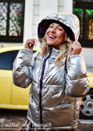 Oboustranná stříbrná dámská zimní bunda s přírodní péřovou výplní (7122) fialová L (40)
