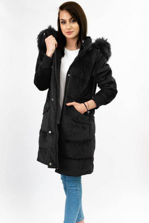 Černá manšestrová dámská zimní bunda s kapucí (7764) černá L (40)