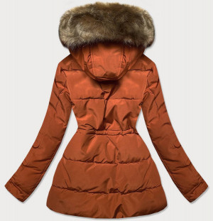 Oranžovo/hnědá dámská zimní bunda parka s mechovitým kožíškem (W560) oranžová XL (42)