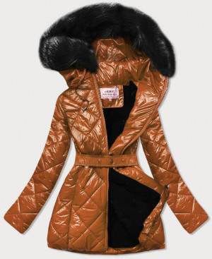 Lesklá zimní bunda v karamelové barvě s mechovitým kožíškem (W756) hnědá S (36)