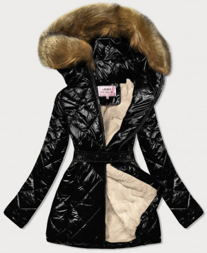 Černo/hnědá lesklá zimní bunda s mechovitým kožíškem (W756) Hnědá XXL (44)