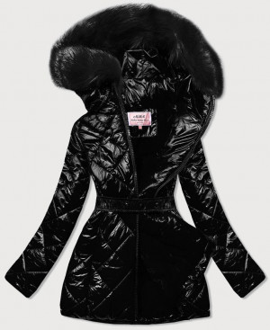 Černá lesklá zimní bunda s mechovitým kožíškem a s černou kožešinou (W756) černá XXL (44)