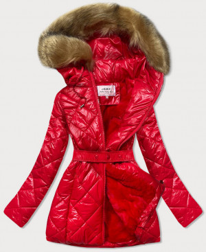 Lesklá červená zimní bunda s mechovitým kožíškem (W756) Červená XXL (44)