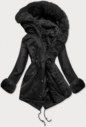 Černá dámská zimní bunda parka s mechovitým kožíškem (BR529-101) černá