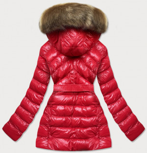 Lesklá červená zimní bunda s mechovitým kožíškem (W674) Červená XXL (44)